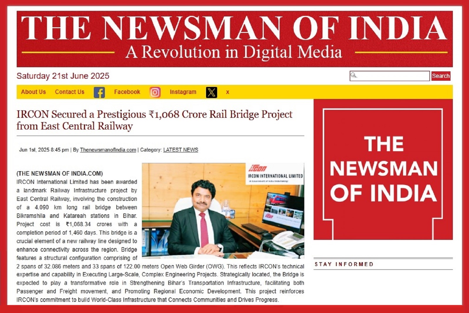 The newsman of India: IRCON Secured a Prestigious ₹1,068 Crore Rail Bridge Project from East Central Railway image of The newsman of India